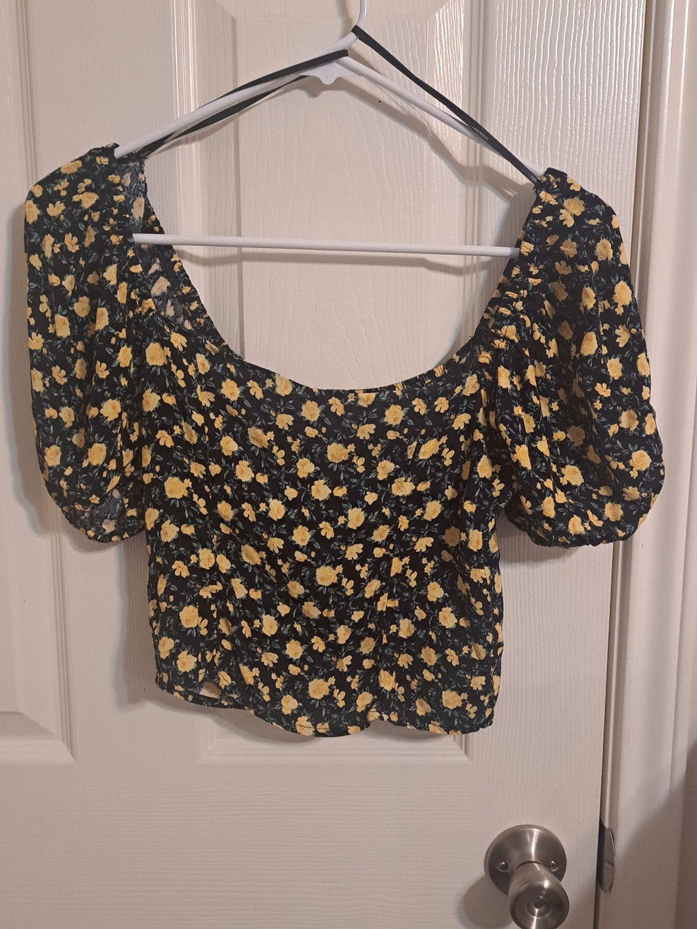 Forever 21 Black Crop Top with Yellow Floral Print
